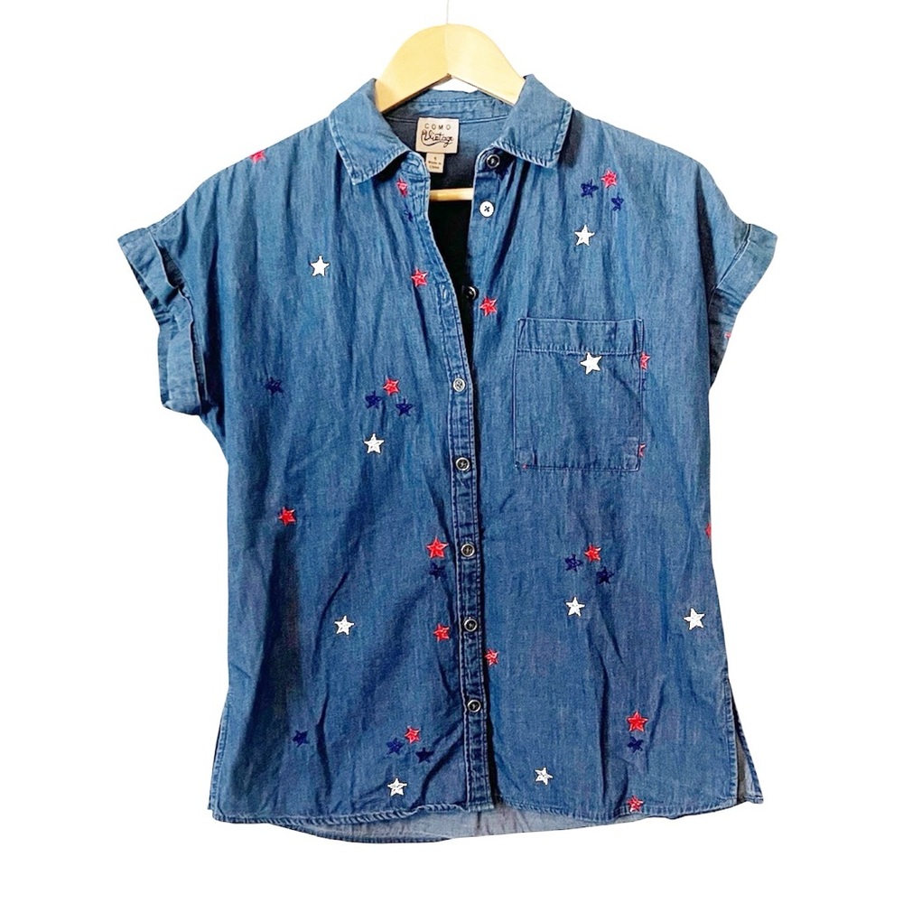 Como Vintage Embroidered Red White Blue Star Denim‎ Button Down Shirt Size Small